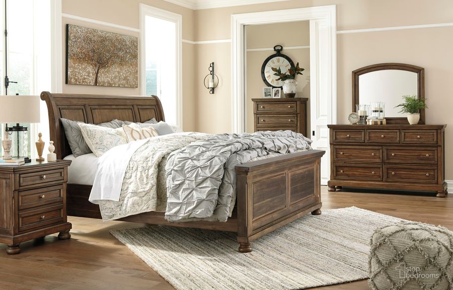 The appearance of Flynnter Sleigh Bedroom Set In Medium Brown designed by Signature Design by Ashley in the transitional interior design. This medium brown piece of furniture  was selected by 1StopBedrooms from Flynnter Collection to add a touch of cosiness and style into your home. Sku: B719-54;B719-77;B719-96;B719-92. Material: Wood. Product Type: Bedroom Set. Bed Size: Queen. Image1