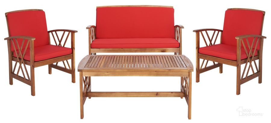 The appearance of Fontana 4 Pc Outdoor Set in Red designed by Safavieh in the transitional interior design. This red piece of furniture  was selected by 1StopBedrooms from Fontana Collection to add a touch of cosiness and style into your home. Sku: PAT7008R. Material: Wood. Product Type: Outdoor Set. Image1