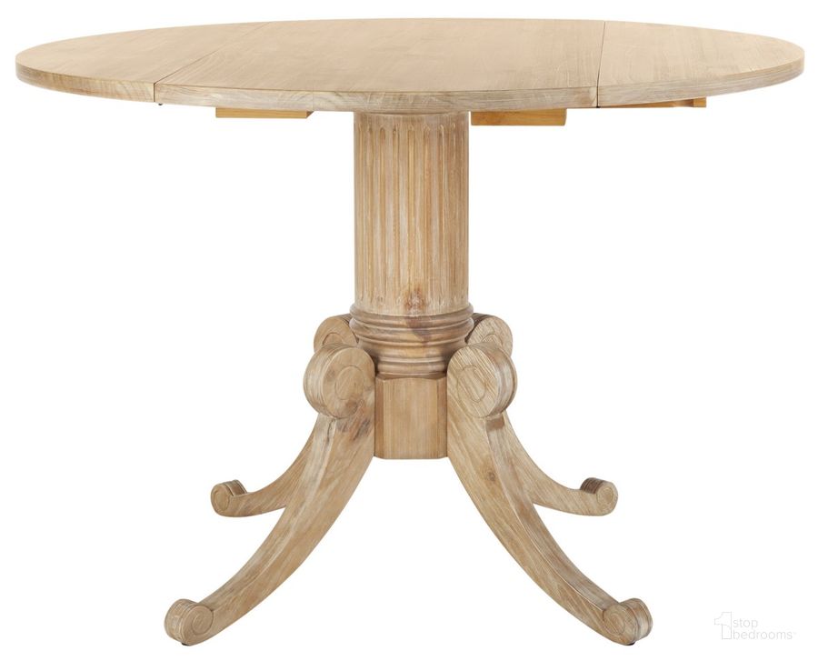 The appearance of Forest Rustic Natural Drop Leaf Dining Table designed by Safavieh in the traditional interior design. This rustic natural tone piece of furniture  was selected by 1StopBedrooms from Forest Collection to add a touch of cosiness and style into your home. Sku: DTB1000B. Table Base Style: Pedestal. Table Top Shape: Round. Material: Wood. Product Type: Dining Table. Size: 43". Image1
