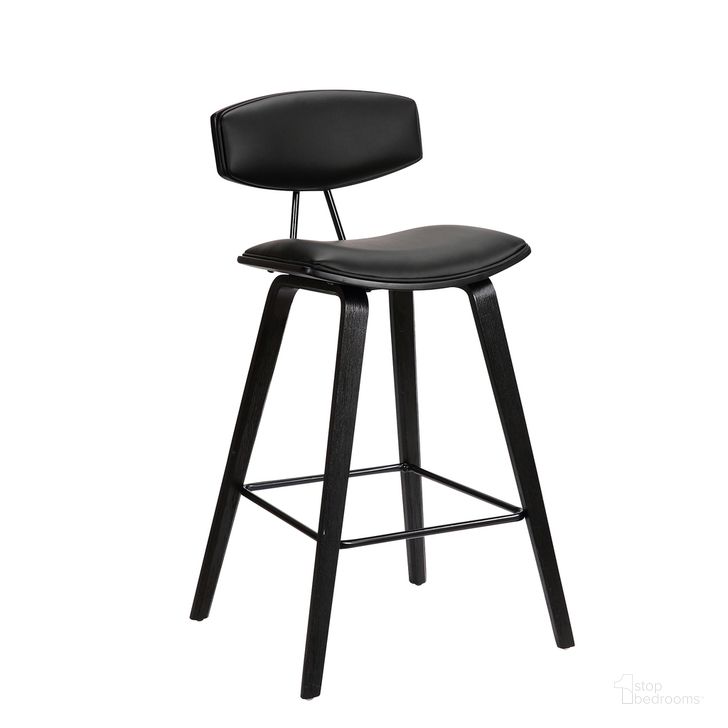 The appearance of Fox 25.5 Inch Counter Height Black Faux Leather and Black Wood Mid-Century Modern Bar Stool designed by Armen Living in the transitional interior design. This black piece of furniture  was selected by 1StopBedrooms from Fox Collection to add a touch of cosiness and style into your home. Sku: LCFOBABLBL26. Product Type: Barstool. Material: Poplar. Image1