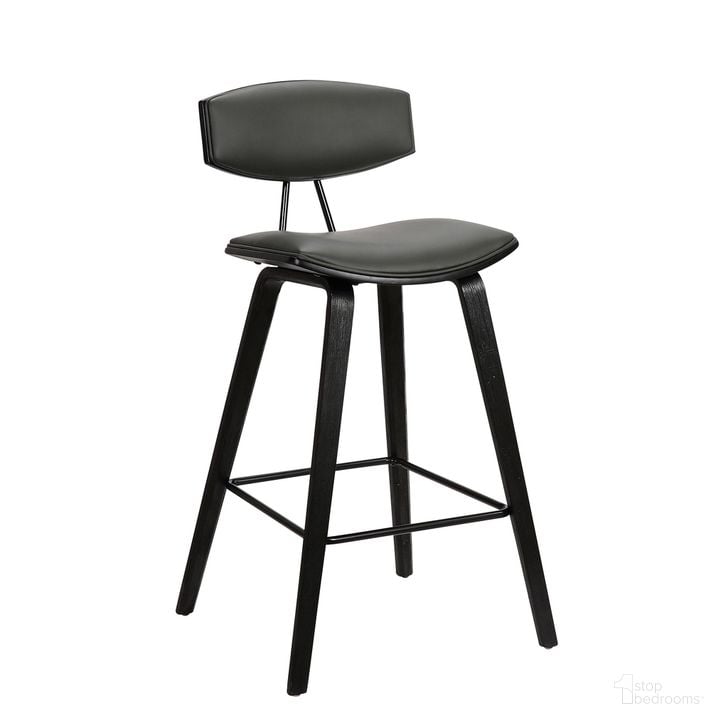 The appearance of Fox 25.5 Inch Counter Height Gray Faux Leather and Black Wood Mid-Century Modern Bar Stool designed by Armen Living in the transitional interior design. This gray piece of furniture  was selected by 1StopBedrooms from Fox Collection to add a touch of cosiness and style into your home. Sku: LCFOBABLGR26. Product Type: Barstool. Material: Poplar. Image1
