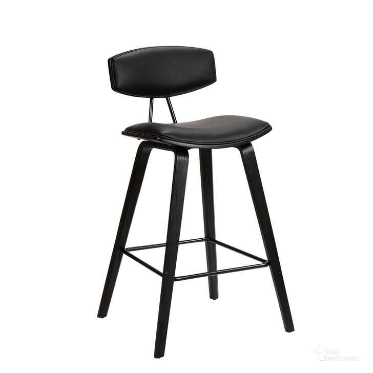 The appearance of Fox 28.5 Inch Bar Height Black Faux Leather and Black Wood Mid-Century Modern Bar Stool designed by Armen Living in the transitional interior design. This black piece of furniture  was selected by 1StopBedrooms from Fox Collection to add a touch of cosiness and style into your home. Sku: LCFOBABLBL30. Product Type: Barstool. Material: Poplar. Image1