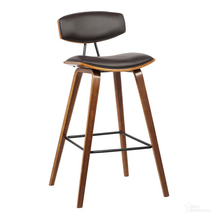 The appearance of Fox 25.5 Inch Counter Height Brown Faux Leather and Walnut Wood Mid-Century Modern Bar Stool designed by Armen Living in the transitional interior design. This brown piece of furniture  was selected by 1StopBedrooms from Fox Collection to add a touch of cosiness and style into your home. Sku: LCFOBAWABR26. Product Type: Barstool. Material: Poplar. Image1