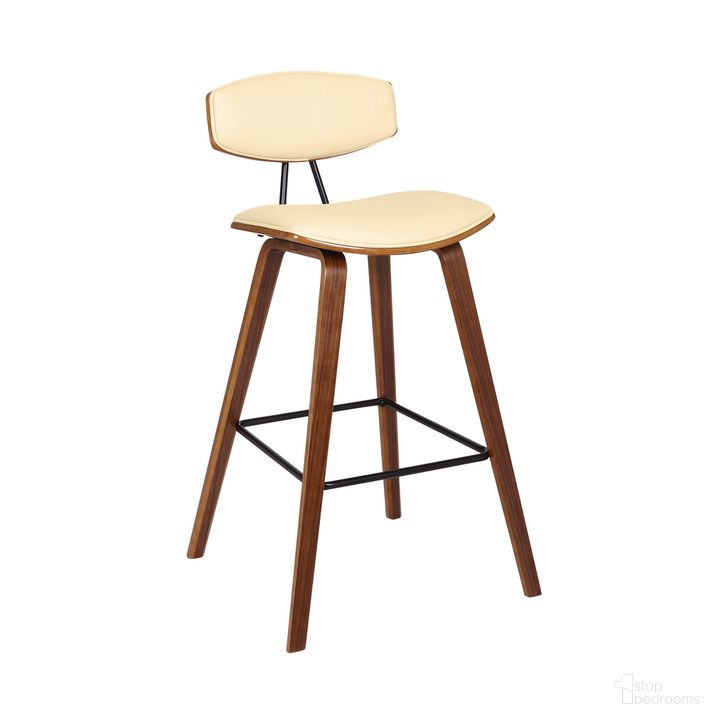 The appearance of Fox 28.5 Inch Bar Height Cream Faux Leather and Walnut Wood Mid-Century Modern Bar Stool designed by Armen Living in the transitional interior design. This cream piece of furniture  was selected by 1StopBedrooms from Fox Collection to add a touch of cosiness and style into your home. Sku: LCFOBAWACR30. Product Type: Barstool. Material: Poplar. Image1
