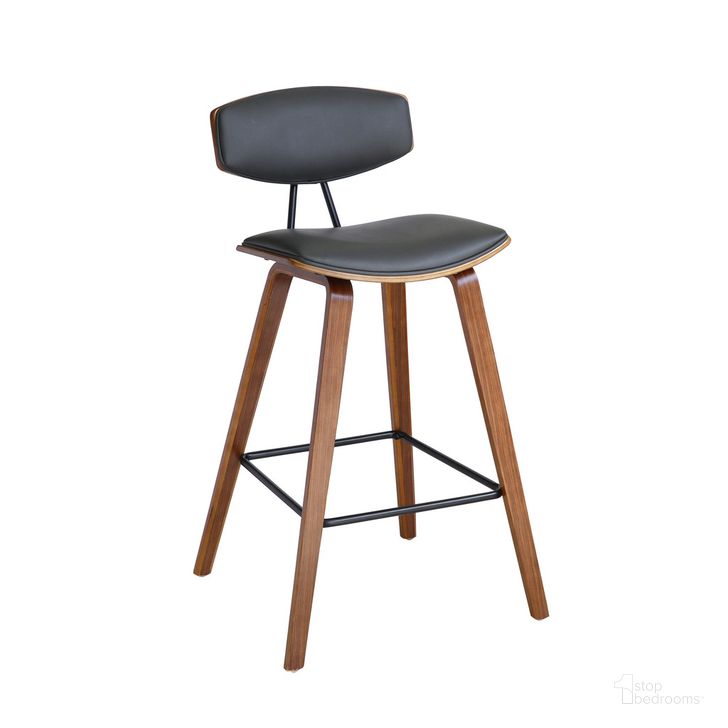 The appearance of Fox 25.5 Inch Counter Height Gray Faux Leather and Walnut Wood Mid-Century Modern Bar Stool designed by Armen Living in the transitional interior design. This gray piece of furniture  was selected by 1StopBedrooms from Fox Collection to add a touch of cosiness and style into your home. Sku: LCFOBAWAGR26. Product Type: Barstool. Material: Poplar. Image1