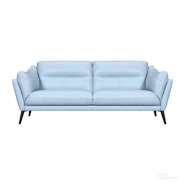 The appearance of Franz Leather Sofa In Sky Blue designed by Armen Living in the modern / contemporary interior design. This sky blue piece of furniture  was selected by 1StopBedrooms from Franz Collection to add a touch of cosiness and style into your home. Sku: LCFR3SBLU. Material: Leather. Product Type: Sofa. Image1