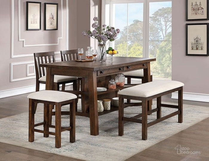 The appearance of Fredonia Rustic Oak Counter Height Dining Room Set designed by Furniture of America in the rustic / southwestern interior design. This brown piece of furniture  was selected by 1StopBedrooms from Fredonia Collection to add a touch of cosiness and style into your home. Sku: CM3902PT;CM3902BC-2PK. Material: Wood. Product Type: Dining Room Set. Image1