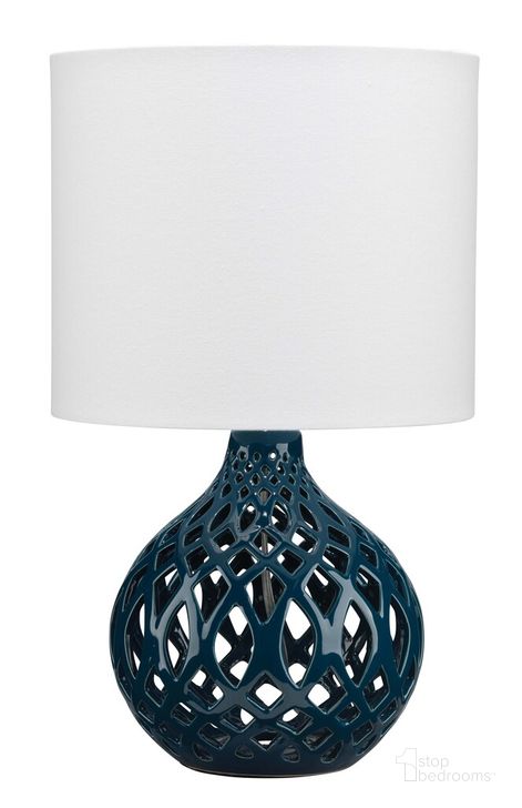 The appearance of Fretwork Table Lamp in Navy Blue Ceramic with Drum Shade in White Linen designed by Jamie Young Company in the traditional interior design. This navy blue piece of furniture  was selected by 1StopBedrooms from Fretwork Collection to add a touch of cosiness and style into your home. Sku: LS9FRETNAVY. Material: Ceramic. Product Type: Table Lamp. Image1