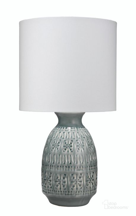 The appearance of Frieze Table Lamp in Slate Blue Ceramic with Drum Shade in White Linen designed by Jamie Young Company in the coastal interior design. This blue piece of furniture  was selected by 1StopBedrooms from Frieze Collection to add a touch of cosiness and style into your home. Sku: LS9FRIEZESLA. Material: Ceramic. Product Type: Table Lamp. Image1