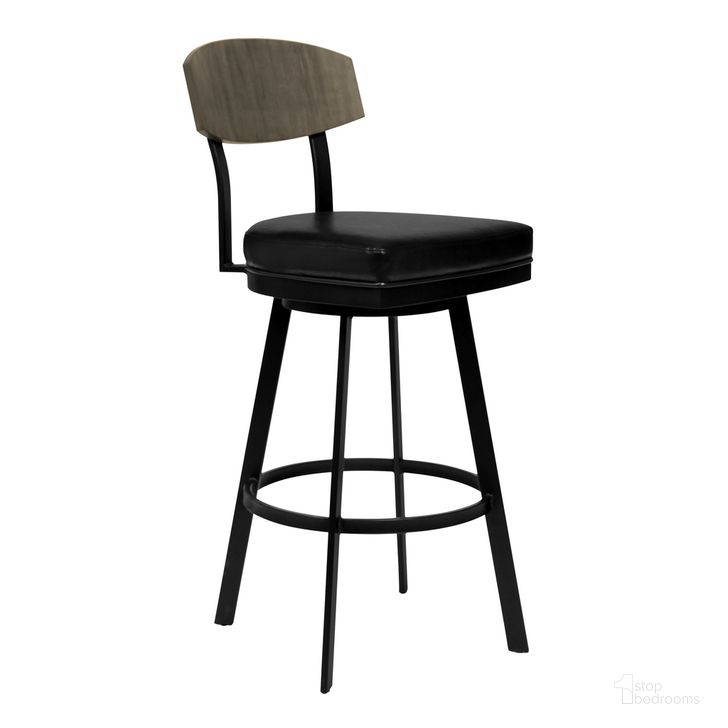 The appearance of Frisco 30 Inch Bar Height Barstool In Matte Black Finish with Black Faux Leather and Gray Walnut designed by Armen Living in the transitional interior design. This vintage black piece of furniture  was selected by 1StopBedrooms from Frisco Collection to add a touch of cosiness and style into your home. Sku: LCFRBAGWVB30. Material: Wood. Product Type: Barstool. Image1