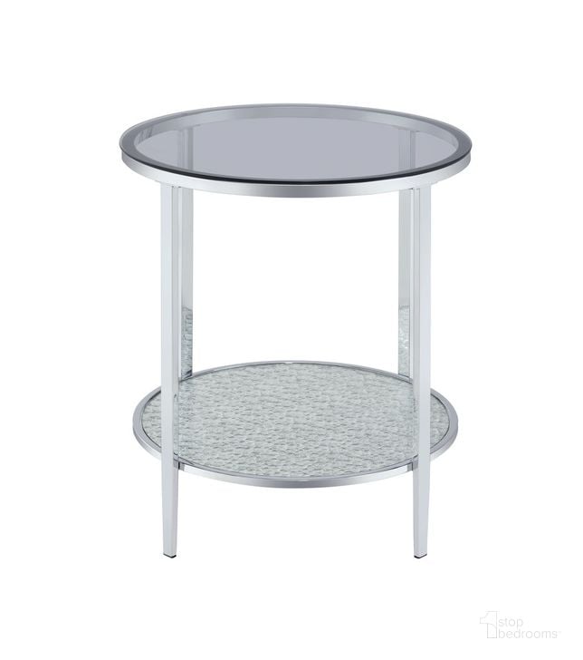 The appearance of Frostine Round End Table In Silver designed by Steve Silver in the modern / contemporary interior design. This silver piece of furniture  was selected by 1StopBedrooms from Frostine Collection to add a touch of cosiness and style into your home. Sku: FS700E. Material: Glass. Product Type: End Table. Image1