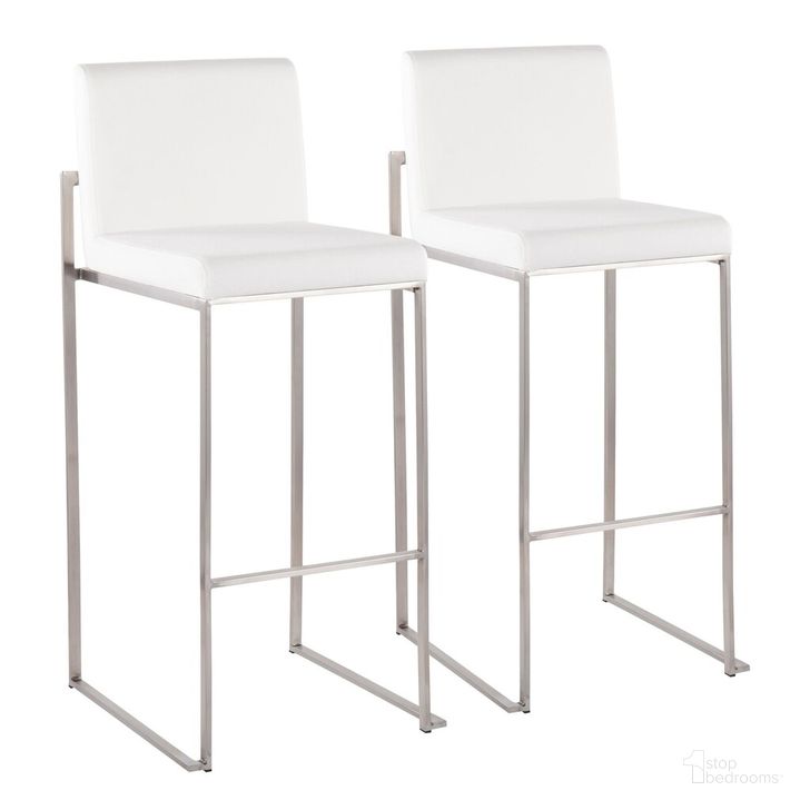The appearance of Fuji High Back Barstool Set of 2 In White designed by Lumisource in the modern / contemporary interior design. This white piece of furniture  was selected by 1StopBedrooms from Fuji Collection to add a touch of cosiness and style into your home. Sku: B30-FUJIHB SSVW2. Product Type: Barstool. Material: Velvet. Image1