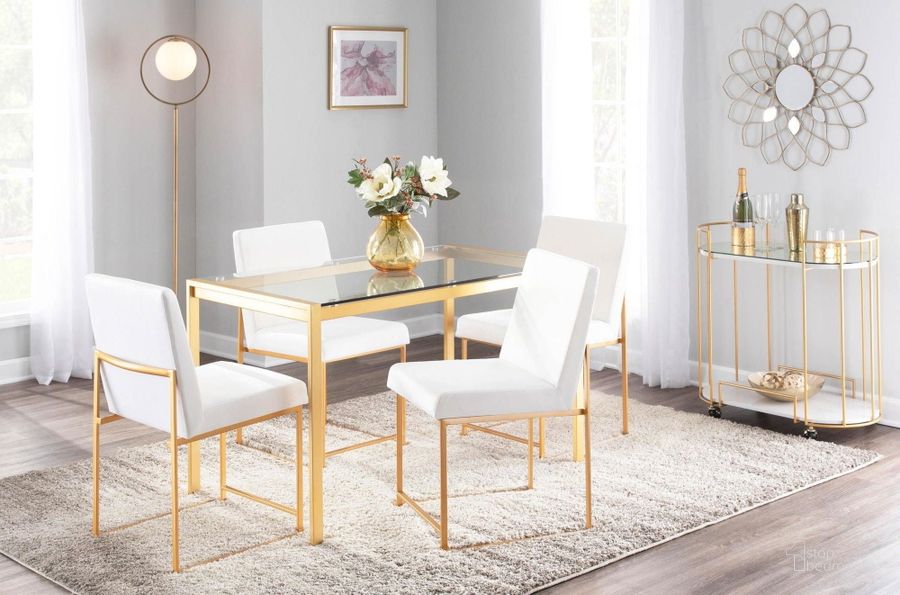 The appearance of Fuji Gold Metal With Clear Glass Top Dining Room Set designed by Lumisource in the modern / contemporary interior design. This gold piece of furniture  was selected by 1StopBedrooms from Fuji Collection to add a touch of cosiness and style into your home. Sku: DT-FUJ4728 AUGL;DC-HBFUJI AUW2. Material: Metal. Product Type: Dining Room Set. Size: 50". Image1