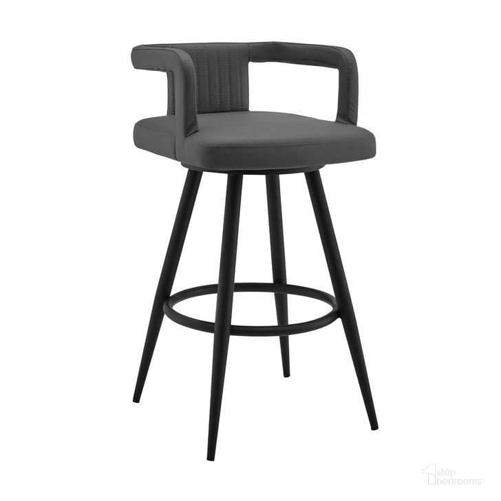 The appearance of Gabriele 26 Inch Gray Faux Leather and Black Metal Swivel Bar Stool designed by Armen Living in the modern / contemporary interior design. This gray piece of furniture  was selected by 1StopBedrooms from Gabriele Collection to add a touch of cosiness and style into your home. Sku: LCGBBABLGR26. Product Type: Barstool. Material: Iron. Image1