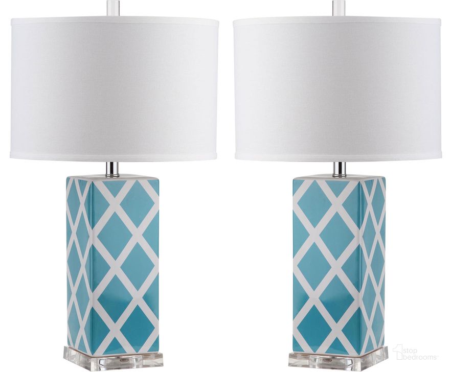 The appearance of Garden Light Blue and Off-White 27 Inch Lattice Table Lamp Set of 2 designed by Safavieh in the modern / contemporary interior design. This light blue piece of furniture  was selected by 1StopBedrooms from Garden Collection to add a touch of cosiness and style into your home. Sku: LIT4134B-SET2. Product Type: Table Lamp. Image1