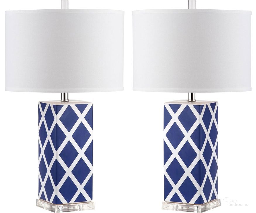 The appearance of Garden Navy and Off-White 27 Inch Lattice Table Lamp Set of 2 designed by Safavieh in the modern / contemporary interior design. This navy piece of furniture  was selected by 1StopBedrooms from Garden Collection to add a touch of cosiness and style into your home. Sku: LIT4134A-SET2. Product Type: Table Lamp. Image1