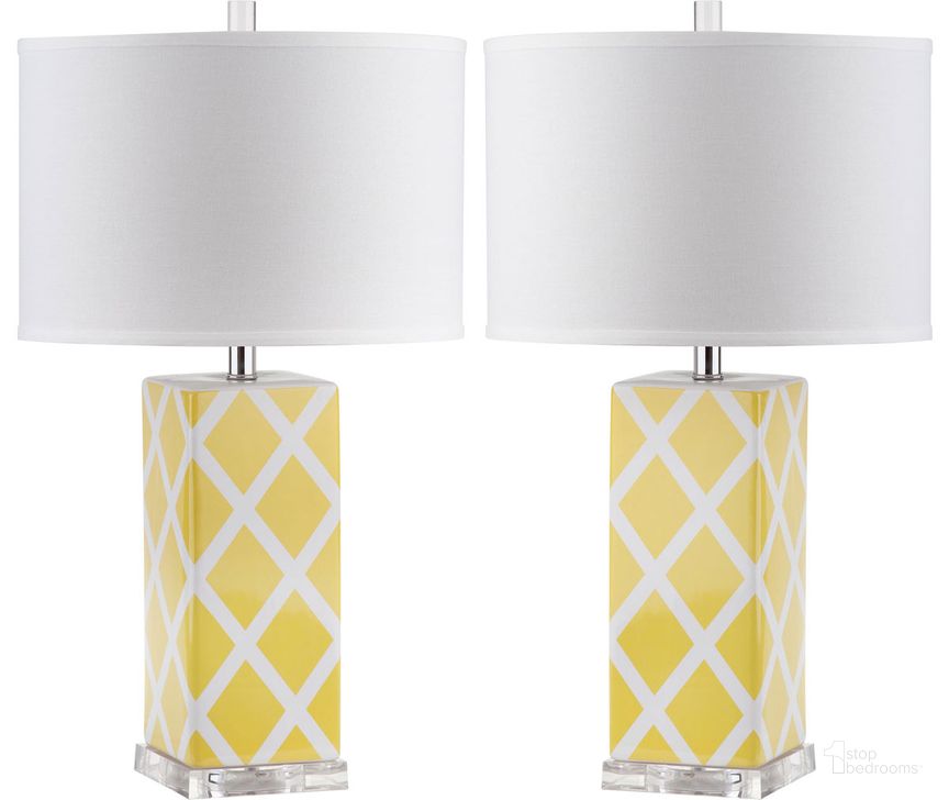 The appearance of Garden Yellow and Off-White 27 Inch Lattice Table Lamp Set of 2 designed by Safavieh in the modern / contemporary interior design. This yellow piece of furniture  was selected by 1StopBedrooms from Garden Collection to add a touch of cosiness and style into your home. Sku: LIT4134G-SET2. Product Type: Table Lamp. Image1