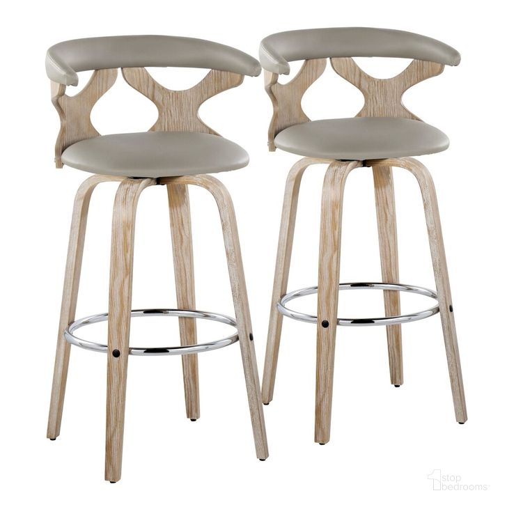 The appearance of Gardenia 30 Inch Fixed Height Barstool Set of 2 In White and Chrome designed by Lumisource in the transitional interior design. This natural/gray piece of furniture  was selected by 1StopBedrooms from Gardenia Collection to add a touch of cosiness and style into your home. Sku: B30-GARDPU-GRTZR2 WWLGY2. Material: Wood. Product Type: Barstool. Image1