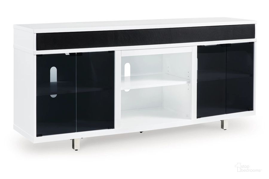 The appearance of Gardoni 72 Inch TV Stand In White And Black designed by Signature Design by Ashley in the modern / contemporary interior design. This white/black piece of furniture  was selected by 1StopBedrooms from Gardoni Collection to add a touch of cosiness and style into your home. Sku: W756-68. Material: Wood. Product Type: TV Stand. Image1