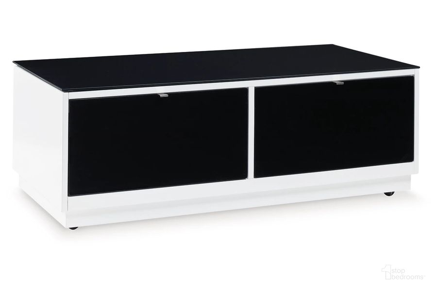 The appearance of Gardoni Coffee Table In White And Black designed by Signature Design by Ashley in the modern / contemporary interior design. This white/black piece of furniture  was selected by 1StopBedrooms from Gardoni Collection to add a touch of cosiness and style into your home. Sku: T756-1. Material: Wood. Product Type: Coffee Table. Image1