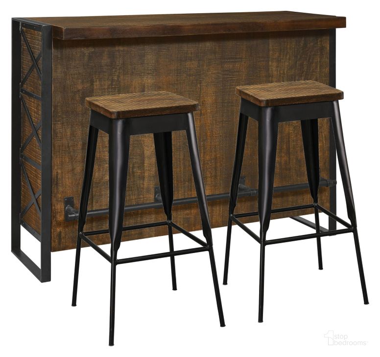 The appearance of Garrison Dark Brown And Charcoal Gray Bar Table Set designed by Howard Miller in the transitional interior design. This black and brown piece of furniture  was selected by 1StopBedrooms from Garrison Collection to add a touch of cosiness and style into your home. Sku: 693042;697042. Product Type: Bar Set. Image1