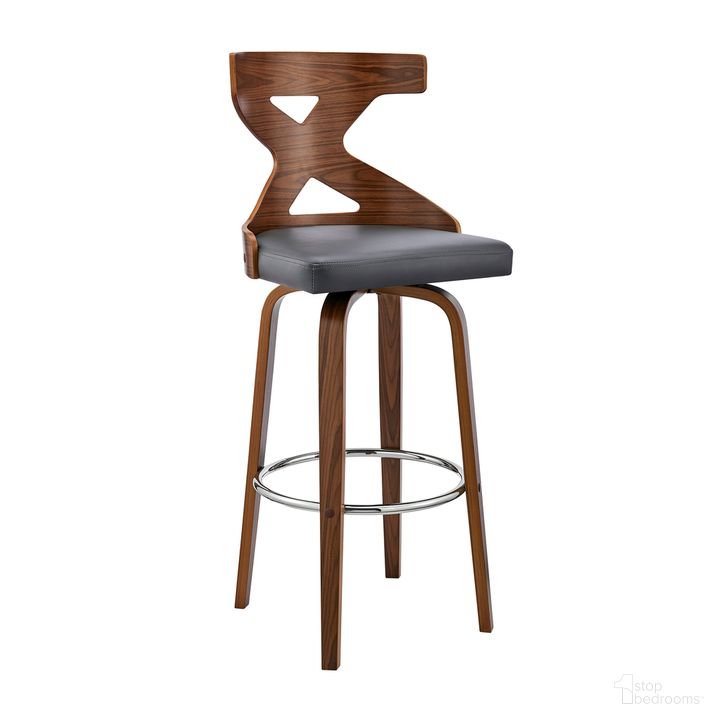 The appearance of Gayle 26 Inch Swivel Cross Back Gray Faux Leather and Walnut Wood Bar Stool designed by Armen Living in the transitional interior design. This gray piece of furniture  was selected by 1StopBedrooms from Gayle Collection to add a touch of cosiness and style into your home. Sku: LCGGBAWAGR26. Product Type: Barstool. Material: Poplar. Image1