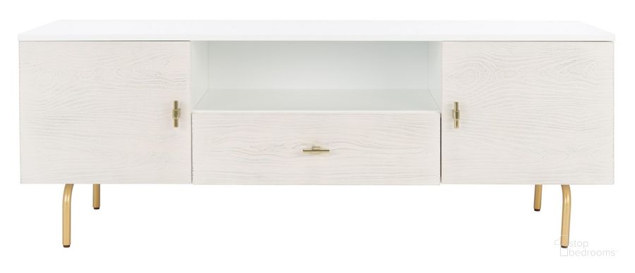 The appearance of Genevieve Media Stand in White Wash designed by Safavieh in the modern / contemporary interior design. This white wash piece of furniture  was selected by 1StopBedrooms from Genevieve Collection to add a touch of cosiness and style into your home. Sku: MED5000C. Material: Wood. Product Type: TV Stand. Image1