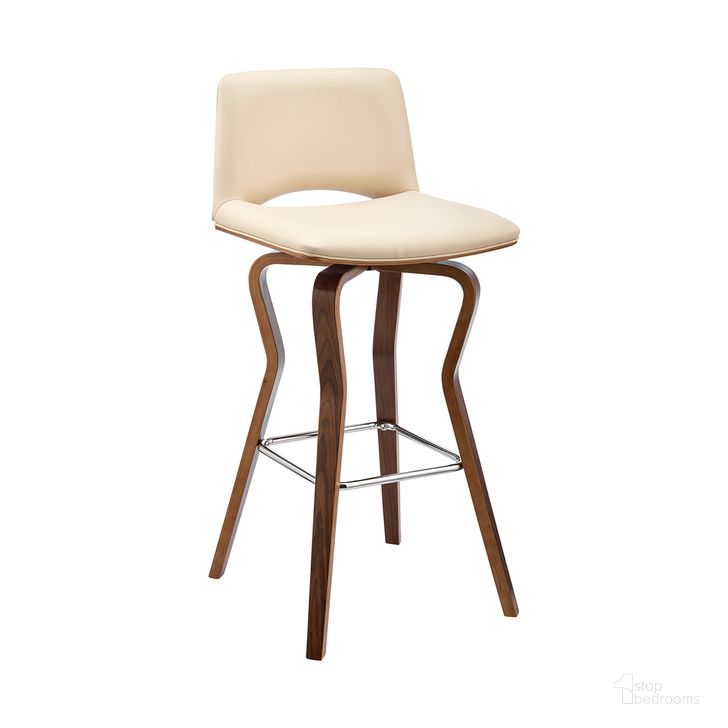 The appearance of Gerty 30 Inch Swivel Cream Faux Leather and Walnut Wood Bar Stool designed by Armen Living in the transitional interior design. This cream piece of furniture  was selected by 1StopBedrooms from Gerty Collection to add a touch of cosiness and style into your home. Sku: LCGYBAWACR30. Product Type: Barstool. Material: Poplar. Image1