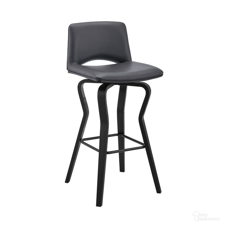 The appearance of Gerty 30 Inch Swivel Gray Faux Leather and Black Wood Bar Stool designed by Armen Living in the transitional interior design. This gray piece of furniture  was selected by 1StopBedrooms from Gerty Collection to add a touch of cosiness and style into your home. Sku: LCGYBABLGR30. Product Type: Barstool. Material: Poplar. Image1