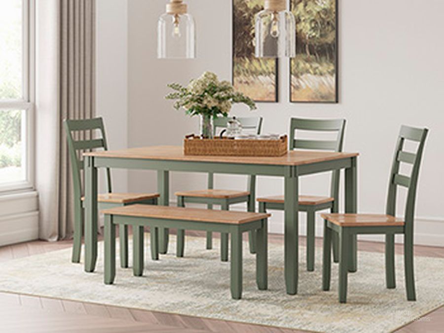The appearance of Gesthaven 6-Piece Dining Room Set In Natural and Green designed by Signature Design by Ashley in the transitional interior design. This natural and green piece of furniture  was selected by 1StopBedrooms from Gesthaven Collection to add a touch of cosiness and style into your home. Sku: D401-325. Product Type: Dining Room Set.