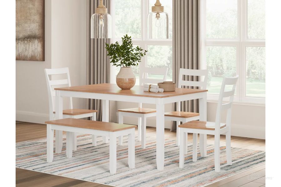 The appearance of Gesthaven 6-Piece Dining Room Set In Natural and White designed by Signature Design by Ashley in the transitional interior design. This natural/white piece of furniture  was selected by 1StopBedrooms from Gesthaven Collection to add a touch of cosiness and style into your home. Sku: D398-325. Product Type: Dining Room Set. Image1