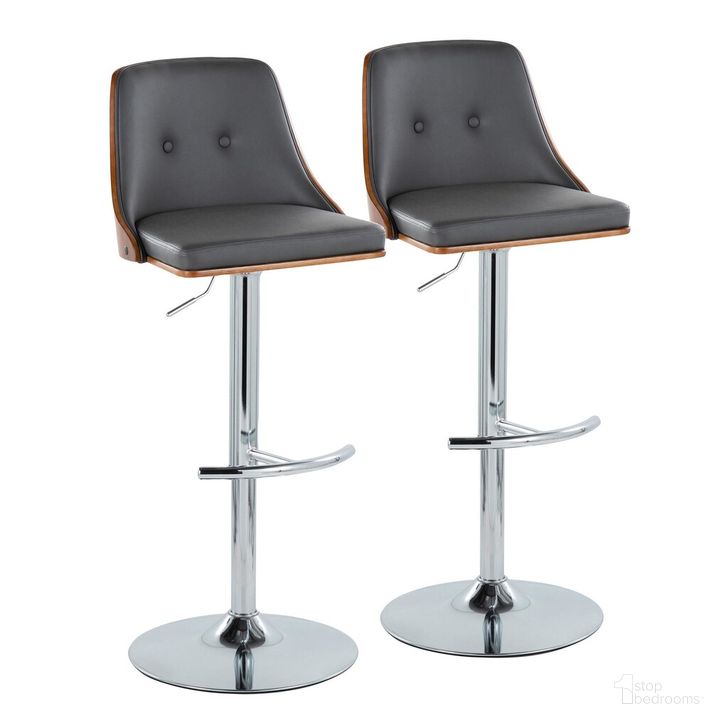 The appearance of Gianna Adjustable Barstool Set of 2 In Walnut and Chrome designed by Lumisource in the transitional interior design. This dark gray piece of furniture  was selected by 1StopBedrooms from Gianna Collection to add a touch of cosiness and style into your home. Sku: BS-GNNPU-RT2 CHRWLGY2. Material: Wood. Product Type: Barstool. Image1