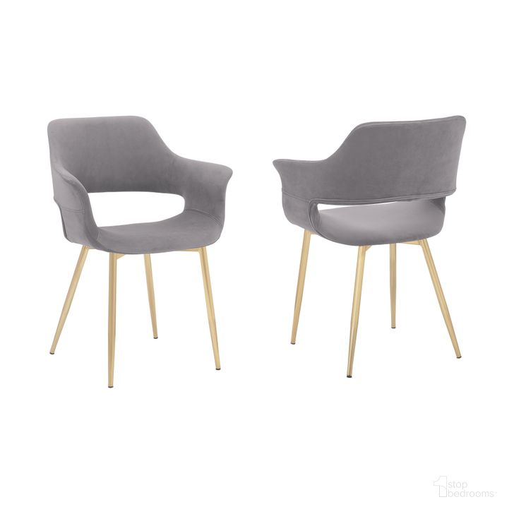 The appearance of Gigi Grey Velvet Dining Room Chair Set Of 2 With Gold Metal Legs designed by Armen Living in the glam interior design. This grey and gold piece of furniture  was selected by 1StopBedrooms from Gigi Collection to add a touch of cosiness and style into your home. Sku: LCGICHGREY. Material: Wood. Product Type: Dining Chair. Image1