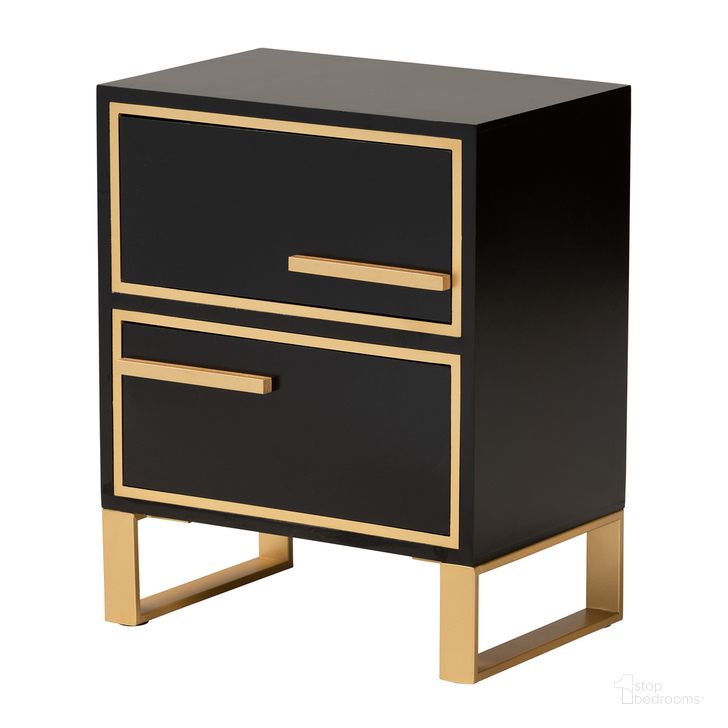 The appearance of Giolla Wood and Metal 2 Drawer End Table In Gold and Black designed by Baxton Studio in the glam interior design. This gold and black piece of furniture  was selected by 1StopBedrooms from Giolla Collection to add a touch of cosiness and style into your home. Sku: JY21A015-Wood/Metal-Black/Gold-ET. Product Type: End Table. Material: MDF. Image1