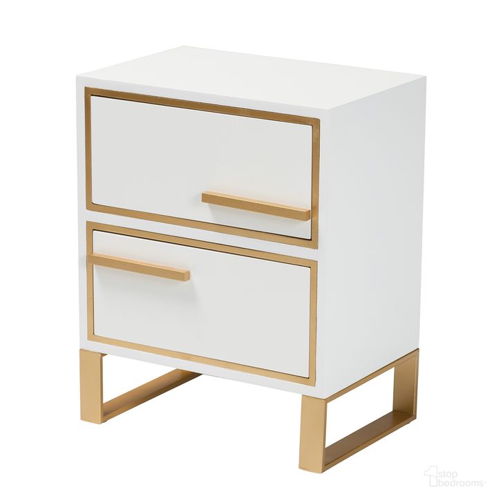 The appearance of Giolla Wood and Metal 2 Drawer End Table In White and Gold designed by Baxton Studio in the glam interior design. This white and gold piece of furniture  was selected by 1StopBedrooms from Giolla Collection to add a touch of cosiness and style into your home. Sku: JY21A014-Wood/Metal-White/Gold-ET. Product Type: End Table. Material: MDF. Image1