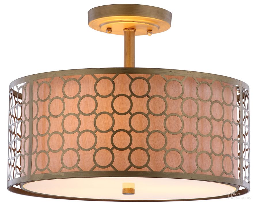 The appearance of Giotta Antique Gold Circle Trellis 3-Light 16 Inch Semi Flush designed by Safavieh in the transitional interior design. This antique gold piece of furniture  was selected by 1StopBedrooms from Giotta Collection to add a touch of cosiness and style into your home. Sku: LIT4202A. Product Type: Light Flush. Image1