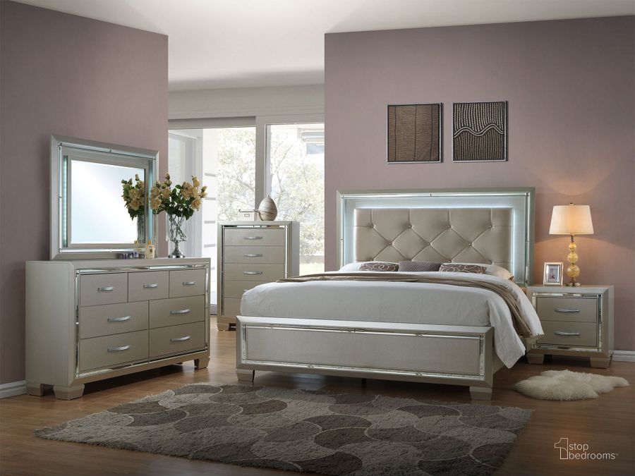 The appearance of Glamour Champagne Upholstered Panel Bedroom Set designed by Picket House in the glam interior design. This gray/silver piece of furniture  was selected by 1StopBedrooms from Glamour Collection to add a touch of cosiness and style into your home. Sku: LT100QH;LT100QF;LT100QKR;LT100NS. Material: Wood. Product Type: Bedroom Set. Bed Size: Queen. Image1