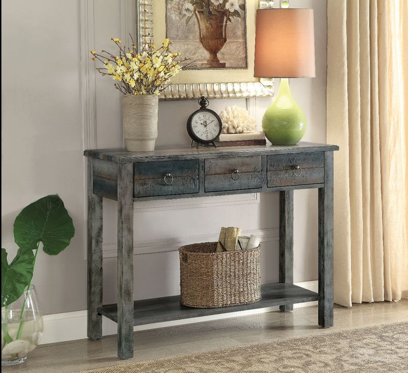 The appearance of Glancio Antique White and Teal Console Table designed by ACME in the country / farmhouse interior design. This white piece of furniture  was selected by 1StopBedrooms from Glancio Collection to add a touch of cosiness and style into your home. Sku: 97257. Material: Wood. Product Type: Console Table. Table Top Shape: Rectangular. Image1