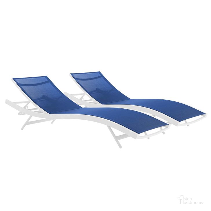 The appearance of Glimpse Outdoor Patio Mesh Chaise Lounge Set of 2 EEI-4038-WHI-NAV designed by Modway in the modern / contemporary interior design. This white navy piece of furniture  was selected by 1StopBedrooms from Glimpse Collection to add a touch of cosiness and style into your home. Sku: EEI-4038-WHI-NAV. Material: Aluminum. Product Type: Outdoor Chaise Lounge. Image1