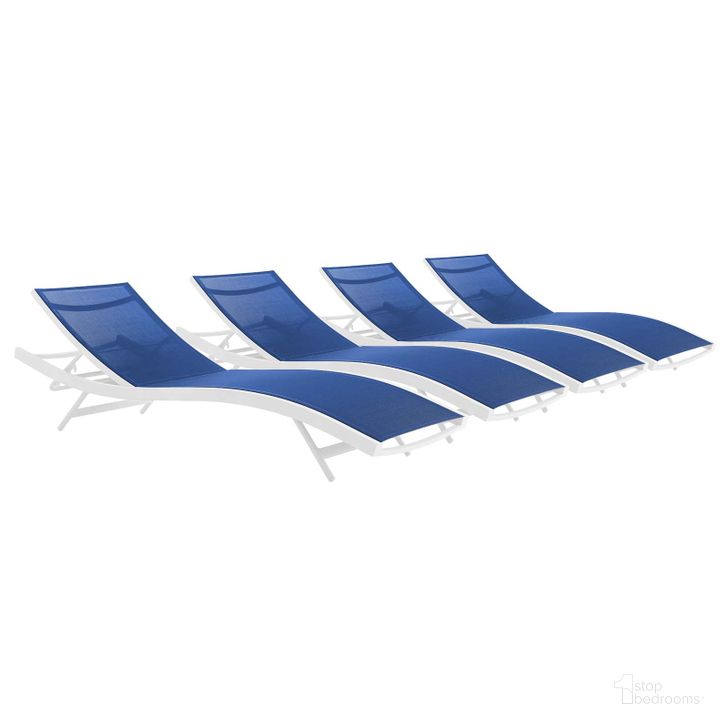 The appearance of Glimpse Outdoor Patio Mesh Chaise Lounge Set of 4 EEI-4039-WHI-NAV designed by Modway in the modern / contemporary interior design. This white navy piece of furniture  was selected by 1StopBedrooms from Glimpse Collection to add a touch of cosiness and style into your home. Sku: EEI-4039-WHI-NAV. Material: Aluminum. Product Type: Outdoor Chaise Lounge. Image1