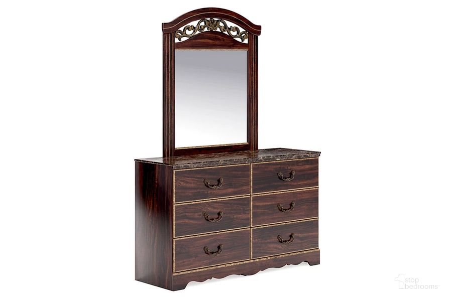 The appearance of Glosmount Dresser and Mirror In Two-tone designed by Signature Design by Ashley in the traditional interior design. This two-tone piece of furniture  was selected by 1StopBedrooms from Glosmount Collection to add a touch of cosiness and style into your home. Sku: B1055-231;B1055-36. Material: Wood. Product Type: Dresser and Mirror. Image1
