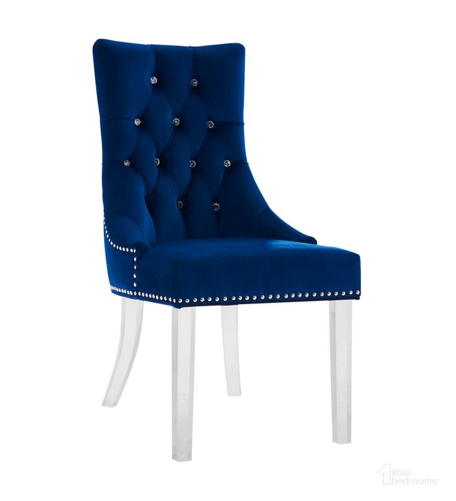 The appearance of Gobi Modern and Contemporary Tufted Dining Chair In Blue Velvet with Acrylic Legs designed by Armen Living in the glam interior design. This blue piece of furniture  was selected by 1StopBedrooms from Gobi Collection to add a touch of cosiness and style into your home. Sku: LCGOCHBLUE. Product Type: Dining Chair. Material: Acrylic. Image1