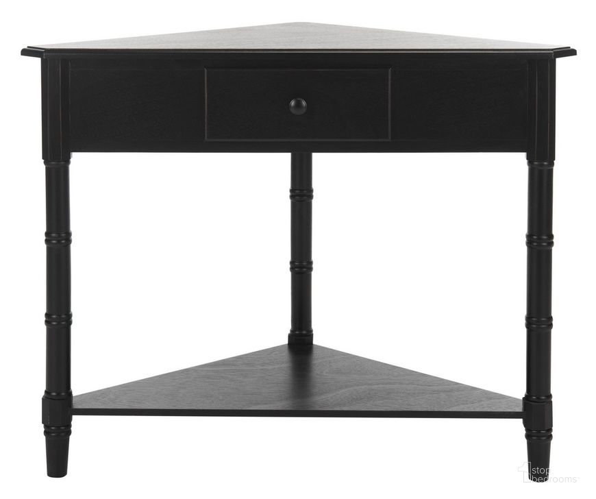The appearance of Gomez Distressed Black Corner Table with Storage Drawer designed by Safavieh in the transitional interior design. This distressed black piece of furniture  was selected by 1StopBedrooms from Gomez Collection to add a touch of cosiness and style into your home. Sku: AMH5709B. Material: Aluminum. Product Type: Console. Image1