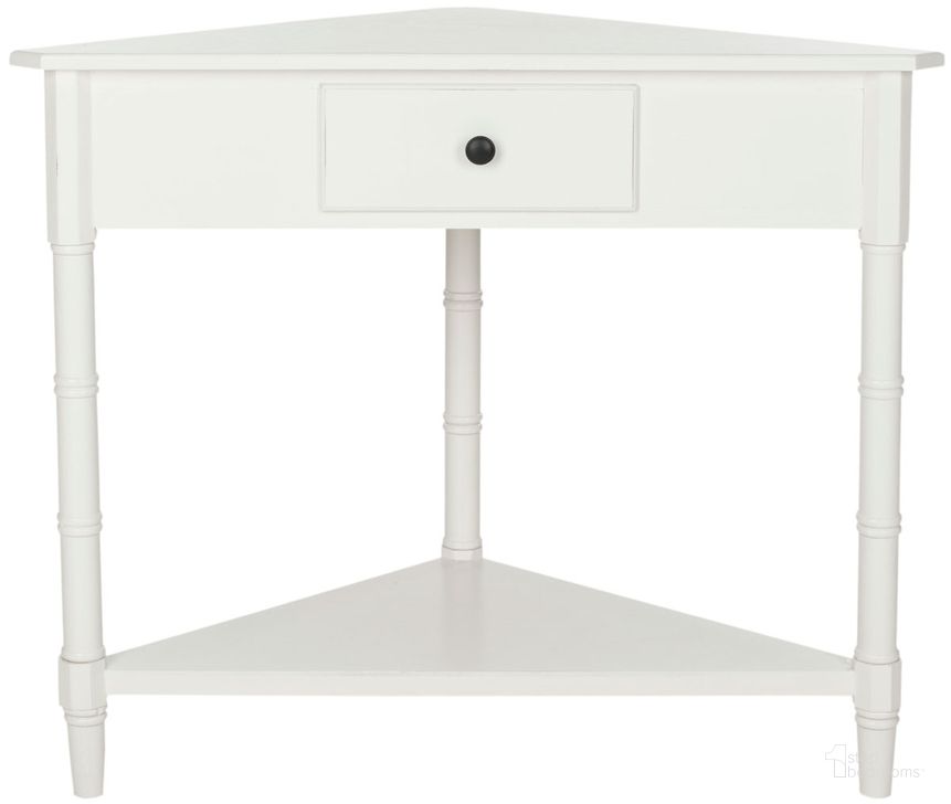 The appearance of Gomez Distressed Cream Corner Table with Storage Drawer designed by Safavieh in the traditional interior design. This vintage distressed cream piece of furniture  was selected by 1StopBedrooms from Gomez Collection to add a touch of cosiness and style into your home. Sku: AMH5709C. Material: Aluminum. Product Type: Console. Image1