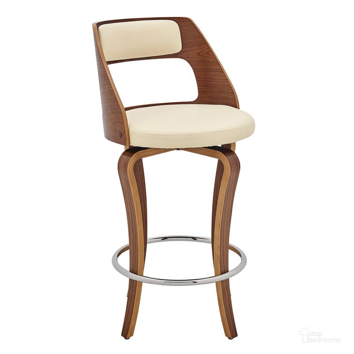 The appearance of Grady 25 Inch Swivel Cream Faux Leather and Walnut Wood Bar Stool designed by Armen Living in the transitional interior design. This cream piece of furniture  was selected by 1StopBedrooms from Grady Collection to add a touch of cosiness and style into your home. Sku: LCGRBAWACR26. Material: Wood. Product Type: Barstool. Image1
