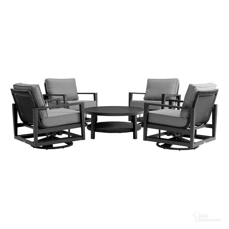 The appearance of Grand 5-Piece Black Aluminum Outdoor Seating Set with Dark Gray Cushions designed by Armen Living in the modern / contemporary interior design. This dark gray piece of furniture  was selected by 1StopBedrooms from Grand Collection to add a touch of cosiness and style into your home. Sku: 795154121809;795154121809;795154121809;795154121809;795154121816. Material: Aluminum. Product Type: Outdoor Conversation Set. Image1