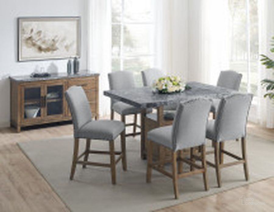 The appearance of Grayson Gray Marble Counter 8 Piece Dining Set designed by Steve Silver in the transitional interior design. This gray piece of furniture  was selected by 1StopBedrooms from Grayson Collection to add a touch of cosiness and style into your home. Sku: GS600CTB;GS600GMT;GS600CCG;GS600CCG;GS600CCG;GS600GSV. Material: Marble. Product Type: Dining Room Set. Image1