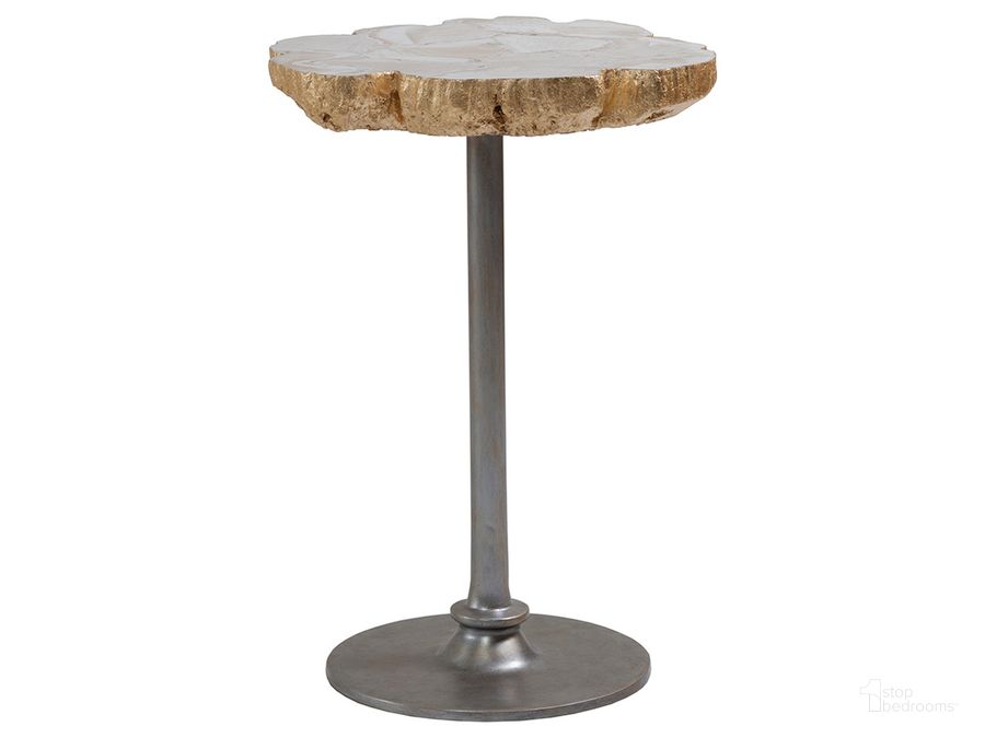 The appearance of Gregory Gold Leaf Spot Table designed by Artistica Home in the transitional interior design. This brown and gray piece of furniture  was selected by 1StopBedrooms from Gregory Collection to add a touch of cosiness and style into your home. Sku: 01-2030-950. Product Type: End Table. Image1