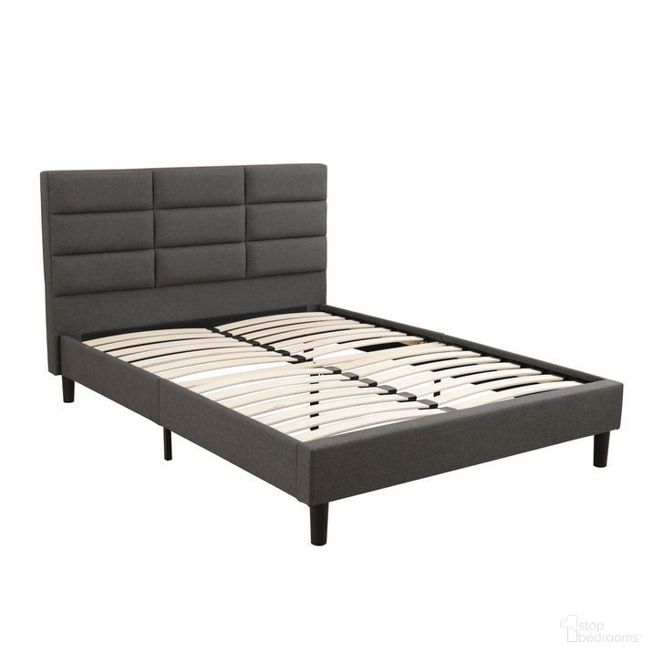 The appearance of Griffintown Roncy Upholstered Queen Platform Bed Frame In Dark Grey designed by Primo International in the modern / contemporary interior design. This dark grey piece of furniture  was selected by 1StopBedrooms from Griffintown Collection to add a touch of cosiness and style into your home. Sku: 47161. Bed Type: Platform Bed. Material: Wood. Product Type: Bed Frame. Bed Size: Queen. Image1