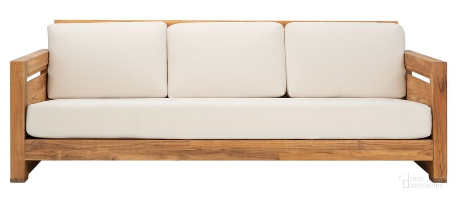 The appearance of Guadeloupe Teak 3-Seat Sofa In Natural And White designed by Safavieh Couture in the modern / contemporary interior design. This natural and white piece of furniture  was selected by 1StopBedrooms from Guadeloupe Collection to add a touch of cosiness and style into your home. Sku: CPT1008A. Material: Wood. Product Type: Outdoor Sofa. Image1